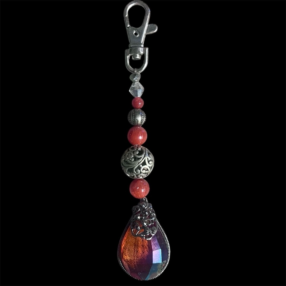 Elegant Beaded Keychain with Red and Silver Accents; NWT!